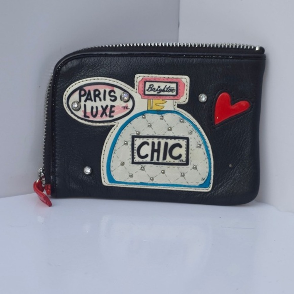 Brighton Wristlet Wallet Black Leather Zip Closure Perfume‎ Applique - Picture 2 of 9